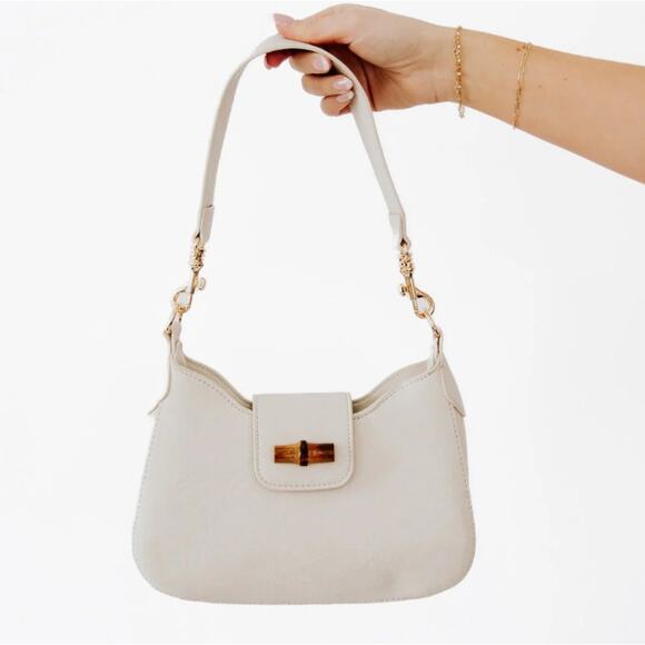 Pretty Simple Cream Vegan Leather Bamboo Shoulder Bag - Picture 3 of 14